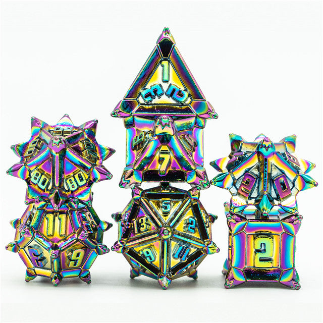 Rainbow Pinwheel Strengthened Metal 7-Dice Set | Metal DND Dice