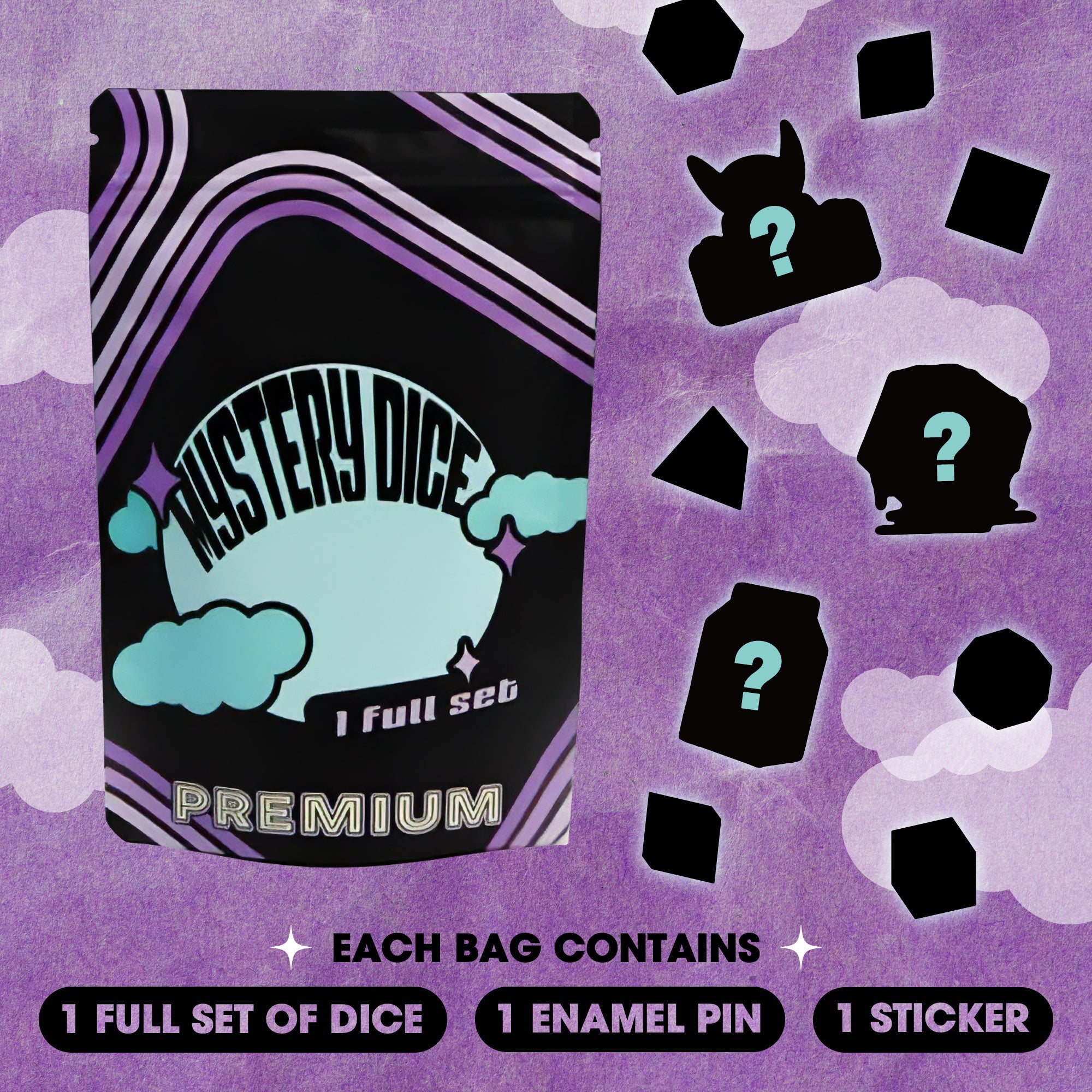 Premium Mystery Dice - A Full Set of Dice Plus Pin and Sticker