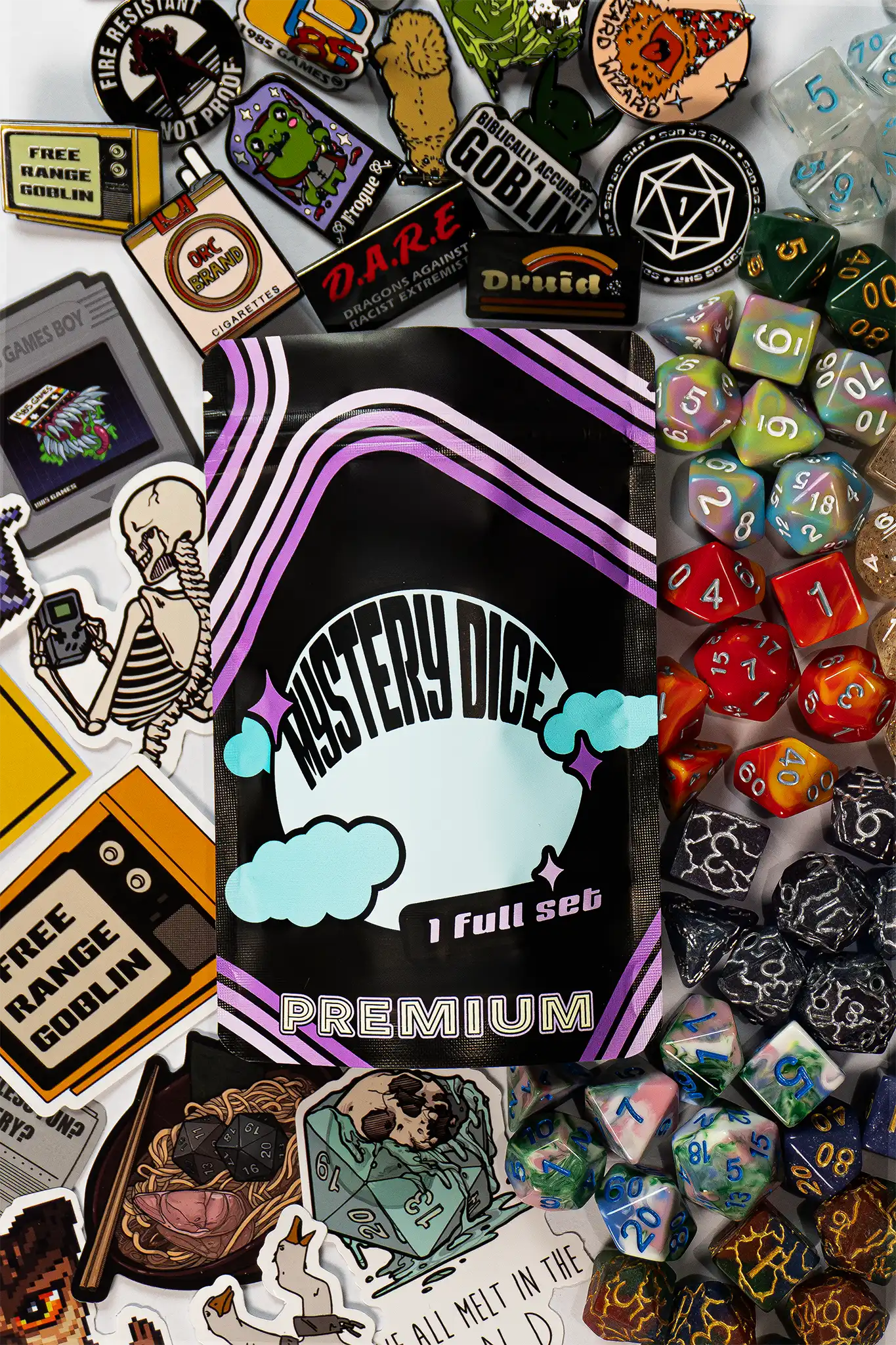 Premium Mystery Dice - A Full Set of Dice Plus Pin and Sticker