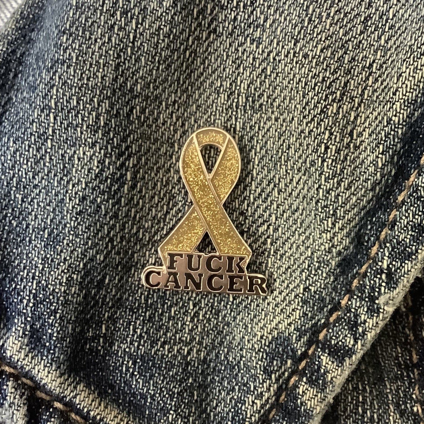 Cancer Awareness Pin – Gold Glitter Ribbon Lapel Pin with Bold Cancer Statement