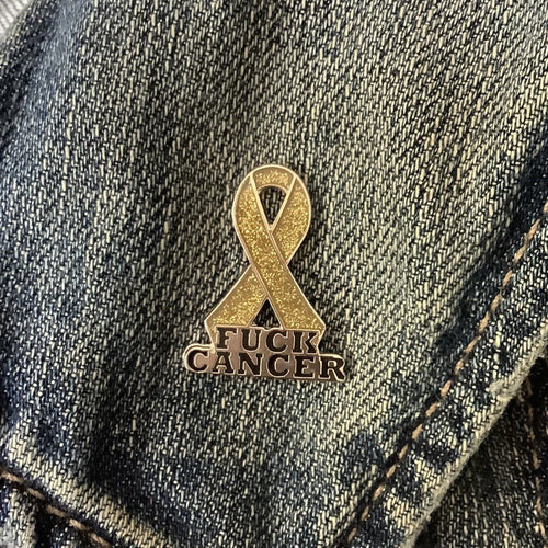 Cancer Awareness Pin – Gold Glitter Ribbon Lapel Pin with Bold Cancer Statement