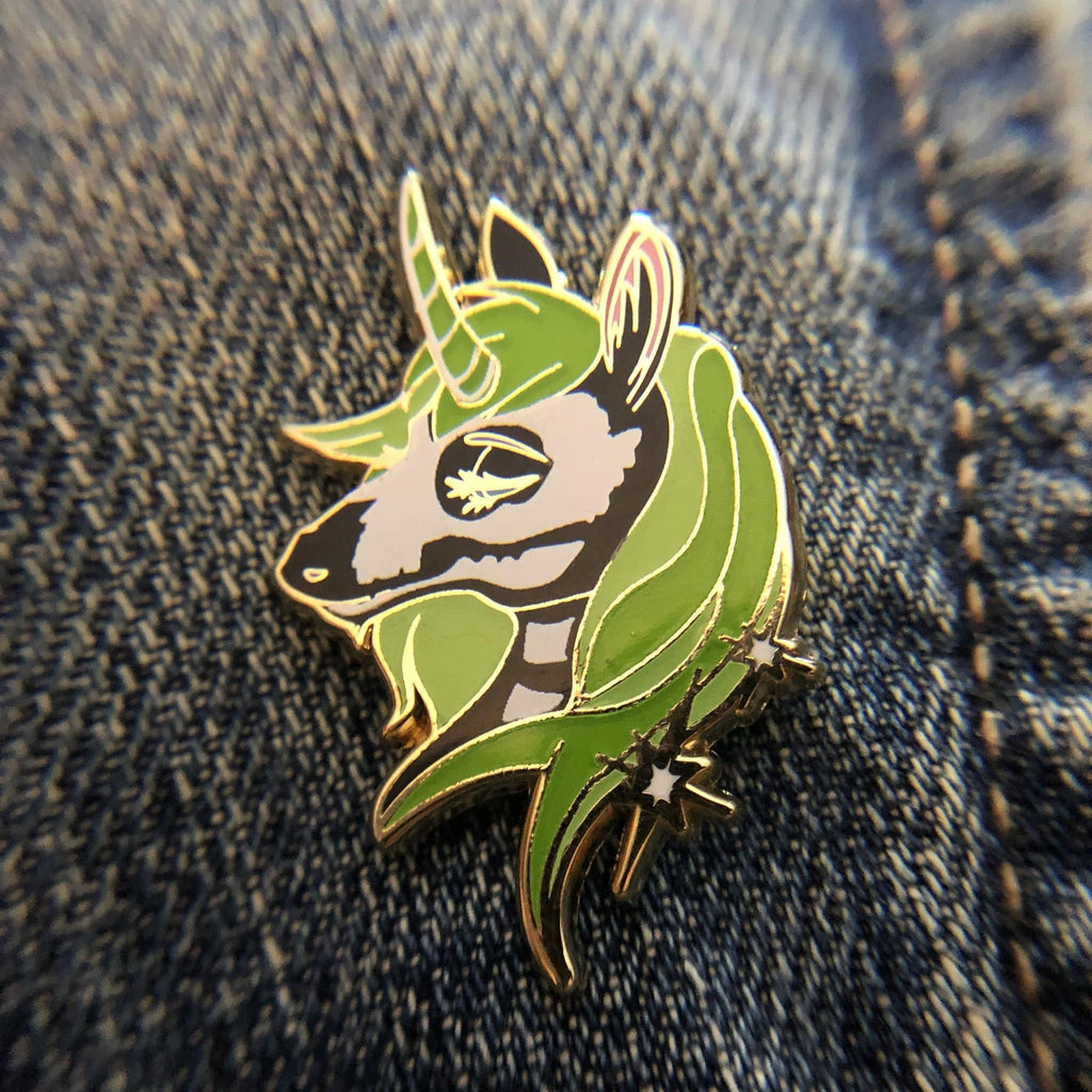 Lime Green Enamel Pin - Skull Unicorn Double Post Pin 1.25 Inch Secure Backing