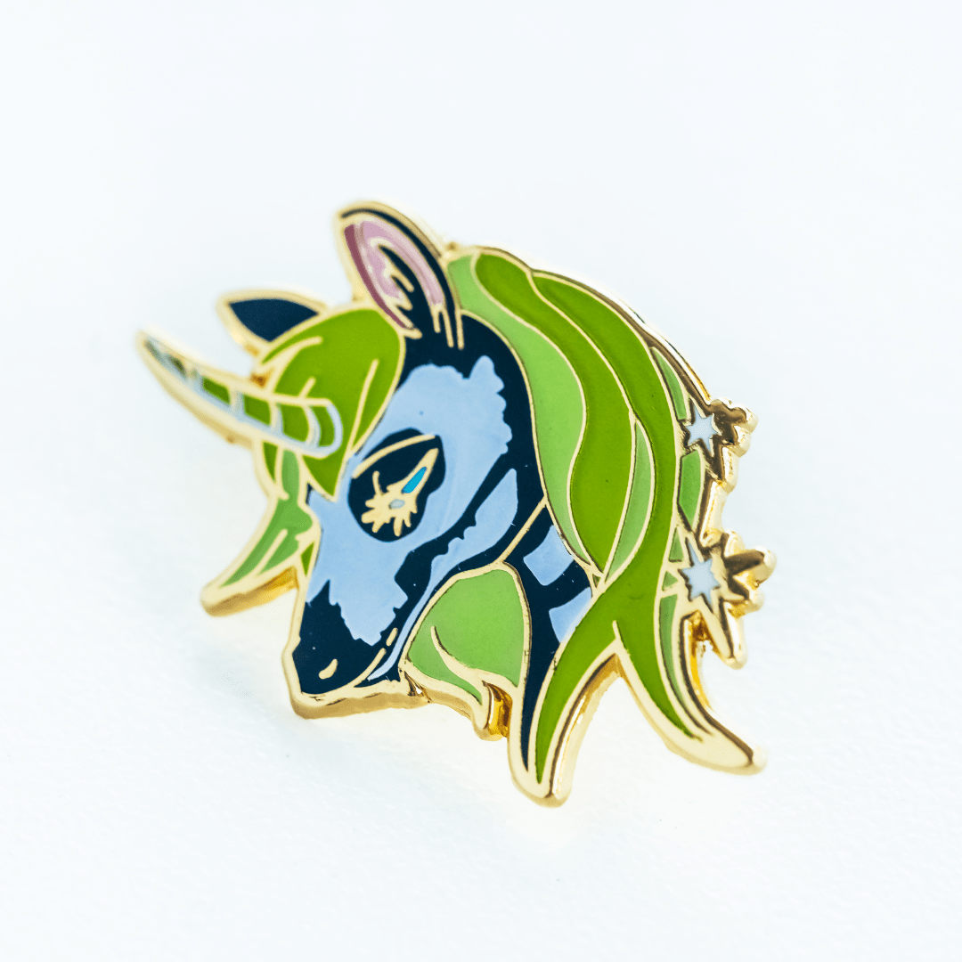 Lime Green Enamel Pin - Skull Unicorn Double Post Pin 1.25 Inch Secure Backing