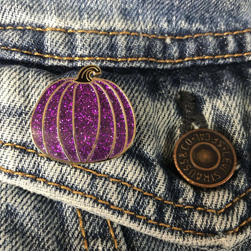Purple Glitter Pumpkin Pin – Hard Enamel Pin with Black Stem & Secure Post