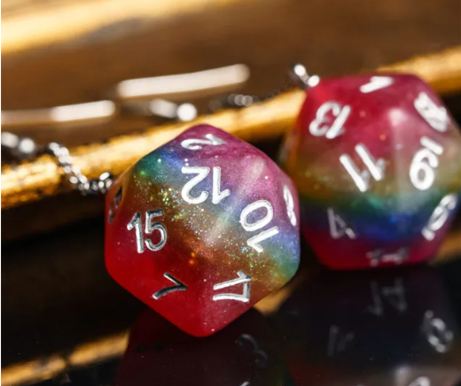 Rainbow Glitter Dice Earrings: D20 Dice Spinning Colors Nerdy RPG Jewelry